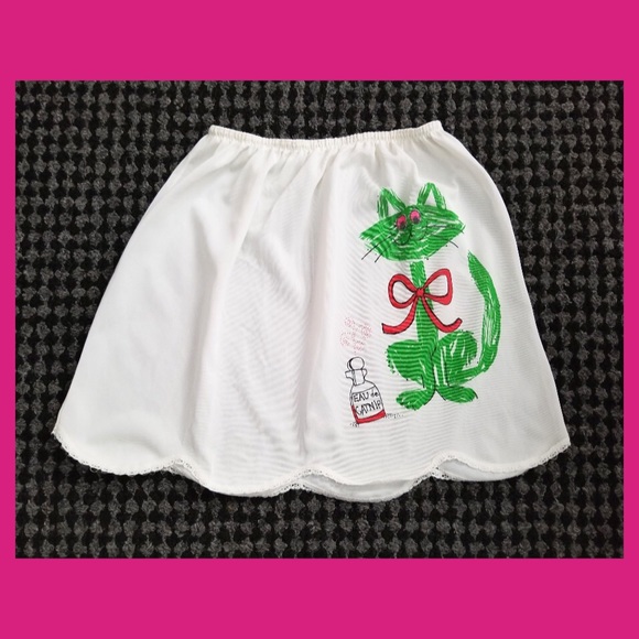 😺Vintage 60s Eau de Catnip Cutest Happy Green Kitty Mini Slip Skirt - Picture 3 of 8
